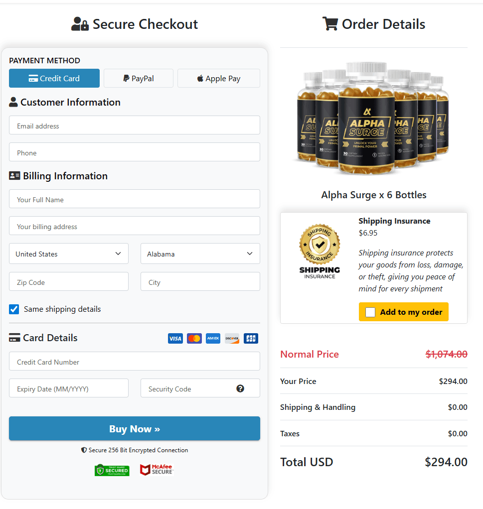 Alpha Surge Checkout page